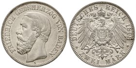 Baden
Friedrich I., 1856-1907
2 Mark 1898 G. Seltenes Jahr fast vorzüglich, winz. Schrötlingsfehler am Rand