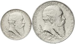 Baden
Friedrich I., 1856-1907
2 Stück: 2 und 5 Mark 1902. 50 jähriges Regierungsjubiläum. beide vorzüglich