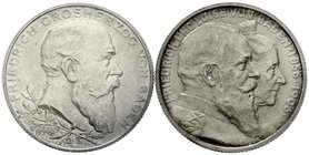 Baden
Friedrich I., 1856-1907
2 X 2 Mark: 1902 Jubiläum und 1906 Goldene Hochzeit. beide fast Stempelglanz, schöne Tönung