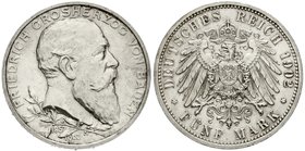 Baden
Friedrich I., 1856-1907
5 Mark 1902. 50 jähriges Regierungsjubiläum. fast Stempelglanz