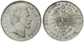 Bayern
Ludwig II., 1864-1886
5 Mark 1876 D. fast vorzüglich, kl. Kratzer und Randfehler