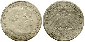 Bayern
Ludwig III., 1913-1918
3 Mark 1918 D, Goldene Hochzeit. Prägung vom Originalstempel auf weißer dicker Pappe ohne Randschrift. 33 mm. Mit NGC-...