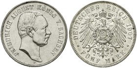 Sachsen
Friedrich August III., 1904-1918
5 Mark 1907 E. prägefrisch, kl. Kratzer