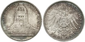 Sachsen
Friedrich August III., 1904-1918
3 Mark 1913 E. Völkerschlachtdenkmal. Stempelglanz, herrliche Patina