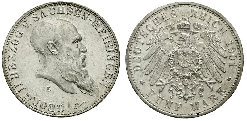 Sachsen-Meiningen
Georg II., 1866-1914
5 Mark 1901 D. Zum Geburtstag, vorzügli...