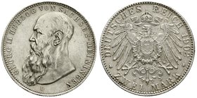 Sachsen-Meiningen
Georg II., 1866-1914
2 Mark 1902 D. Bart berührt Perlkreis nicht. vorzüglich/Stempelglanz
