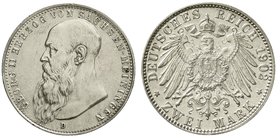 Sachsen-Meiningen
Georg II., 1866-1914
2 Mark 1902 D. Bart berührt Perlkreis. vorzüglich/Stempelglanz aus EA, selten