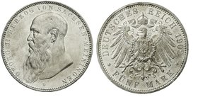 Sachsen-Meiningen
Georg II., 1866-1914
5 Mark 1902 D. Bart berührt Perlkreis. prägefrisch/fast Stempelglanz, Prachtexemplar