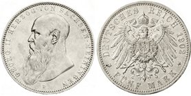 Sachsen-Meiningen
Georg II., 1866-1914
5 Mark 1902 D, Bart berührt Perlkreis nicht. sehr schön/vorzüglich