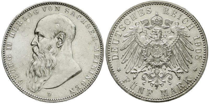 Sachsen-Meiningen
Georg II., 1866-1914
5 Mark 1908 D. vorzüglich/Stempelglanz,...