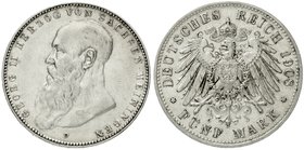 Sachsen-Meiningen
Georg II., 1866-1914
5 Mark 1908 D. Bart berührt Perlkreis nicht. fast vorzüglich, winz. Kratzer und etwas berieben