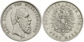 Württemberg
Karl, 1864-1891
5 Mark 1875 F. sehr schön, überdurchschnittlich