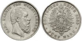 Württemberg
Karl, 1864-1891
5 Mark 1888 F. fast sehr schön, Randfehler