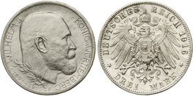Württemberg
Wilhelm II., 1891-1918
3 Reichsmark 1916 F. Zum 25 jähr. Regierungsjubiläum. Polierte Platte, mattiert, etwas berieben, selten