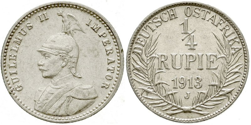 Deutsch Ostafrika
1/4 Rupie 1913 J. sehr schön/vorzüglich, kl. Randfehler