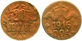 Deutsch Ostafrika
20 Heller 1916 T Kupfer, Schleife unter Wertangabe, große Krone. sehr schön, Randfehler, selten RFA: 98,64 % Cu.