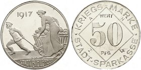 Bielefeld
Silberabschlag vom 50 Pfennig-Stück 1917. 6,91 g. Polierte Platte, von größter Seltenheit