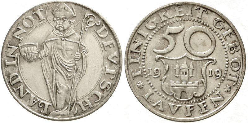 Laufen (Bayern)
Bezirksamt
50 Pfennig Silber 1919. 4,84 g. Polierte Platte, le...