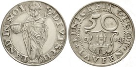 Laufen (Bayern)
Bezirksamt
50 Pfennig Silber 1919. 4,84 g. Polierte Platte, leicht berieben, äußerst selten