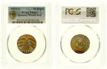 Kursmünzen
50 Reichspfennig, messingfarben 1924-1925
1924 A. Im PCGS-Blister mit Grading PR 65. Polierte Platte, Prachtexemplar