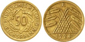 Kursmünzen
50 Reichspfennig, messingfarben 1924-1925
1924 A. sehr schön