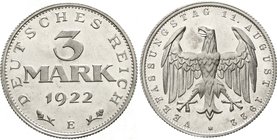 Kursmünzen
3 Mark, Aluminium mit Umschrift 1922-1923
1922 E. Polierte Platte, leicht berührt
