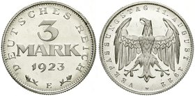 Kursmünzen
3 Mark, Aluminium mit Umschrift 1922-1923
1923 E. Polierte Platte, Prachtexemplar