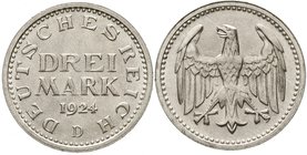 Kursmünzen
3 Mark, Silber 1924-1925
3 Reichsmark 1924 D. fast Stempelglanz
