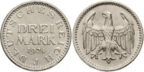 Kursmünzen
3 Mark, Silber 1924-1925
3 Reichsmark 1924 J. prägefrisch
