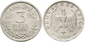 Kursmünzen
3 Reichsmark, Silber 1931-1933
1931 A. fast Stempelglanz