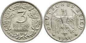 Kursmünzen
3 Reichsmark, Silber 1931-1933
1931 F. sehr schön/vorzüglich