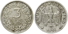Kursmünzen
3 Reichsmark, Silber 1931-1933
1931 G. sehr schön/vorzüglich, kl. Kratzer