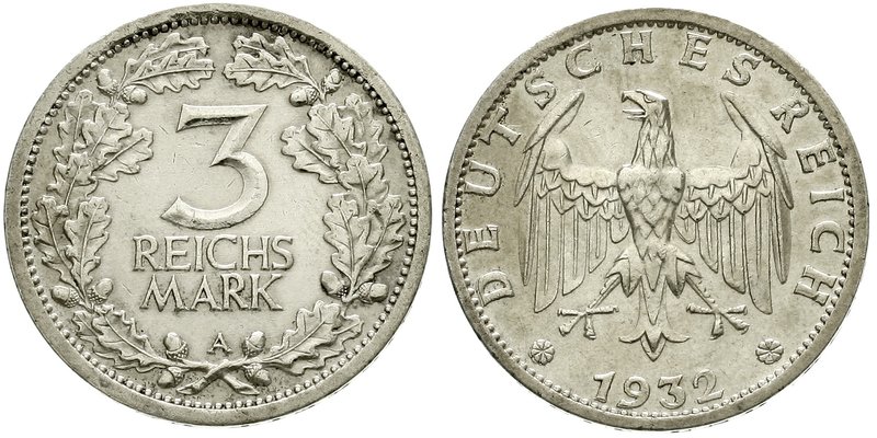 Kursmünzen
3 Reichsmark, Silber 1931-1933
1932 A. fast vorzüglich