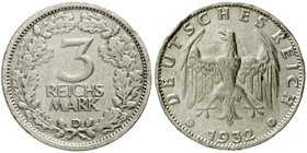 Kursmünzen
3 Reichsmark, Silber 1931-1933
1932 D. sehr schön, mehrere Randfehler