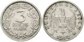 Kursmünzen
3 Reichsmark, Silber 1931-1933
1932 J. prägefrisch/fast Stempelglanz