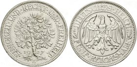 Kursmünzen
5 Reichsmark Eichbaum Silber 1927-1933
1927 E. gutes vorzüglich, etwas berieben, winz. Randfehler