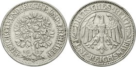 Kursmünzen
5 Reichsmark Eichbaum Silber 1927-1933
1927 J. sehr schön, Randfehler