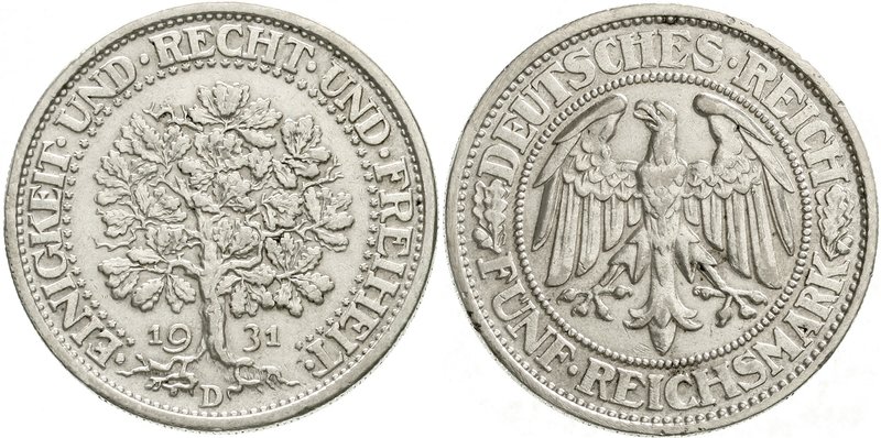 Kursmünzen
5 Reichsmark Eichbaum Silber 1927-1933
1931 D. sehr schön/vorzüglic...