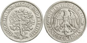 Kursmünzen
5 Reichsmark Eichbaum Silber 1927-1933
1931 D. sehr schön/vorzüglich, Rand der Rs. leicht überarbeitet