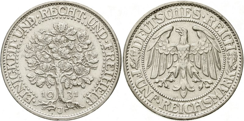 Kursmünzen
5 Reichsmark Eichbaum Silber 1927-1933
1931 J. vorzüglich