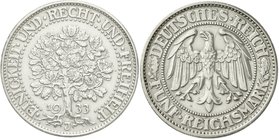 Kursmünzen
5 Reichsmark Eichbaum Silber 1927-1933
1933 J. vorzüglich, kl. Kratzer und etwas berieben, sehr selten