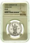 Gedenkmünzen
3 Reichsmark Rheinlande
1925 A. Im NGC-Blister mit Grading PF 65. Polierte Platte
