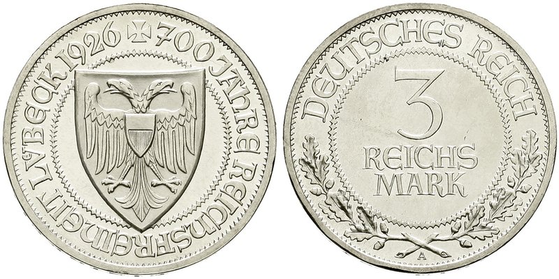 Gedenkmünzen
3 Reichsmark Lübeck
1926 A. Polierte Platte, Kratzer
