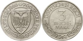 Gedenkmünzen
3 Reichsmark Lübeck
1926 A. vorzüglich, winz. Randfehler, winz. Kratzer