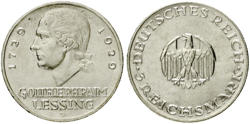 Gedenkmünzen
3 Reichsmark Lessing
1929 D. vorzüglich/Stempelglanz, winz. Kratz...