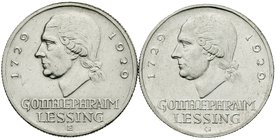 Gedenkmünzen
3 Reichsmark Lessing
2 Stück: 1929 E und G. sehr schön und vorzüglich, etwas berieben