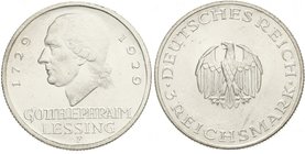 Gedenkmünzen
3 Reichsmark Lessing
1929 F. fast Stempelglanz, winz. Randfehler