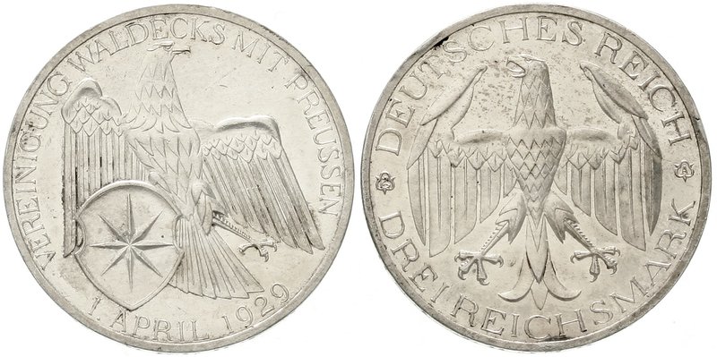 Gedenkmünzen
3 Reichsmark Waldeck
1929 A. vorzüglich/Stempelglanz, aus Poliert...