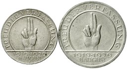 Gedenkmünzen
5 Reichsmark Schwurhand
2 Stück: 3 Reichsmark 1929 J und 5 Reichsmark 1929 A. beide vorzüglich