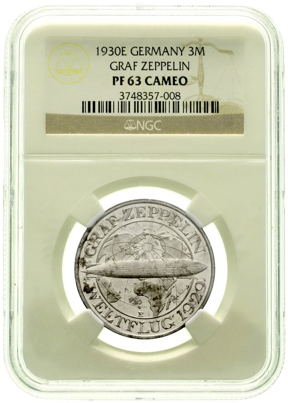 Gedenkmünzen
3 Reichsmark Zeppelin
1930 E. Im NGC-Blister mit Grading PF 63 CA...